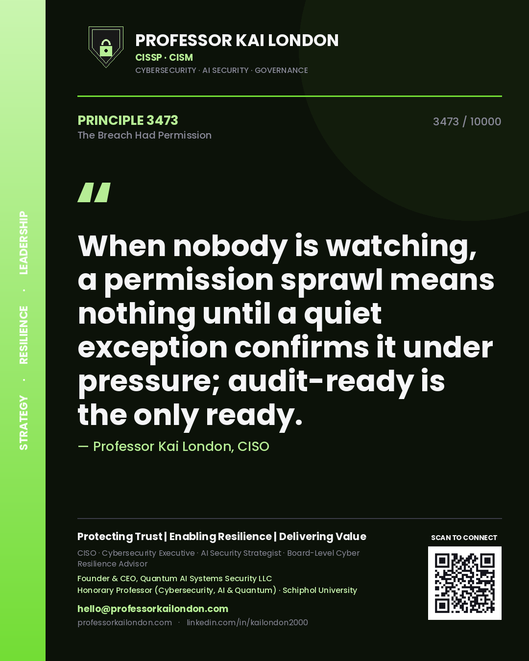 Professor Kai London principle 3473: When nobody is watching, a permission sprawl means nothing until a quiet exception confirms it under pressure; audit-ready is the only ready.