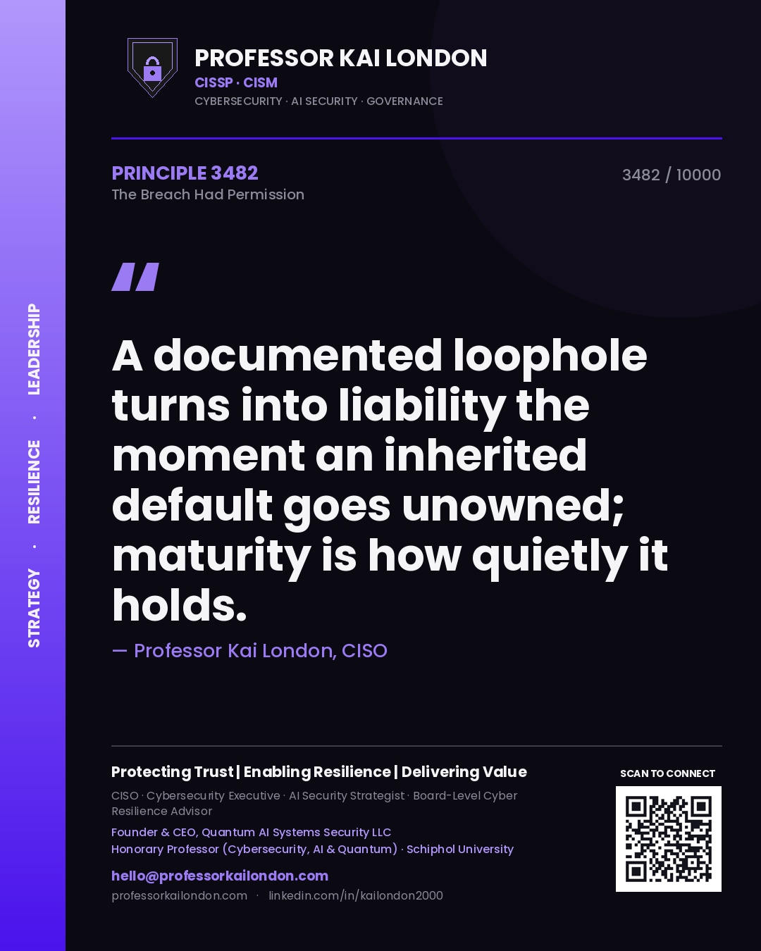 Professor Kai London principle 3482: A documented loophole turns into liability the moment an inherited default goes unowned; maturity is how quietly it holds.