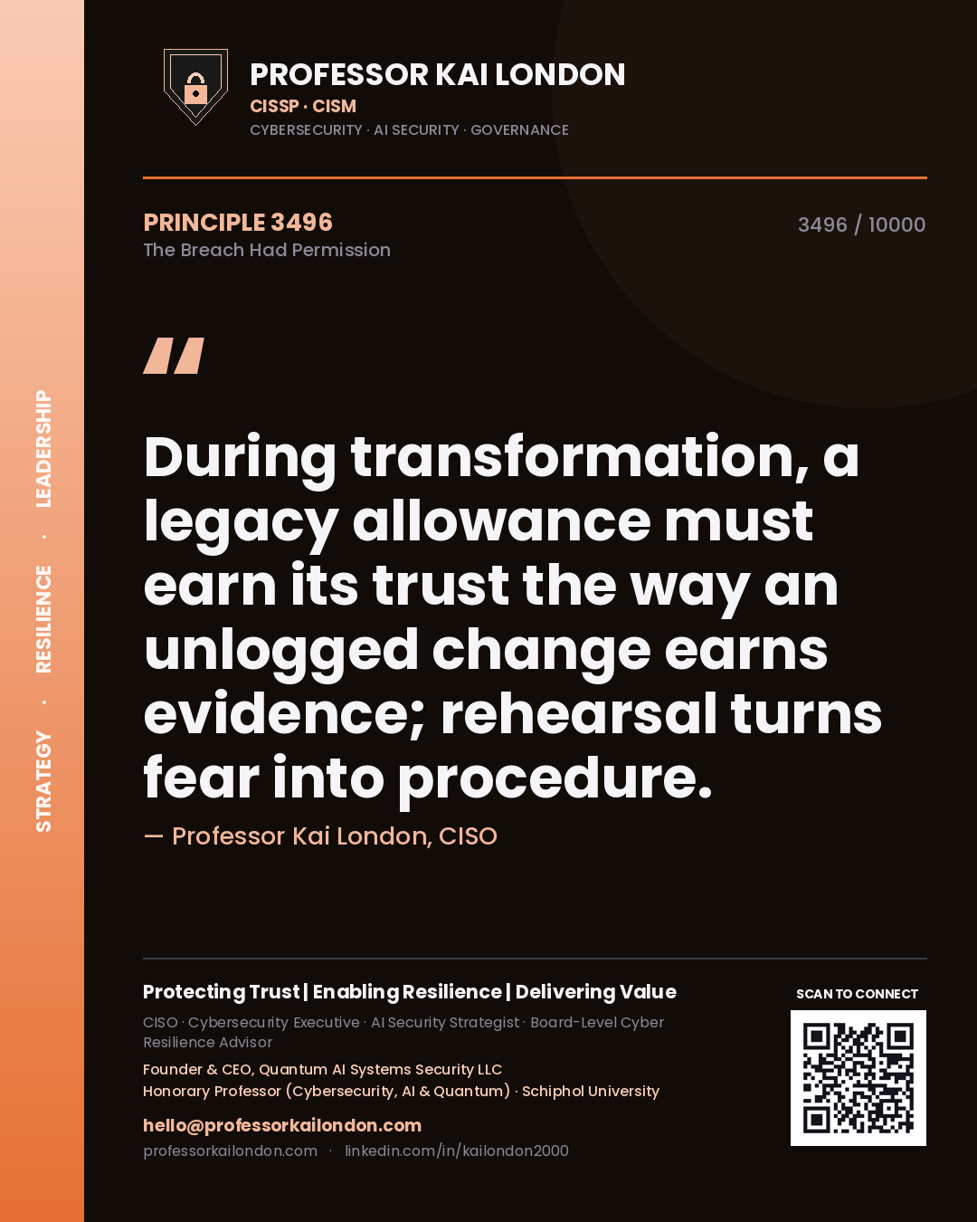 Professor Kai London principle 3496: During transformation, a legacy allowance must earn its trust the way an unlogged change earns evidence; rehearsal turns fear into procedure.