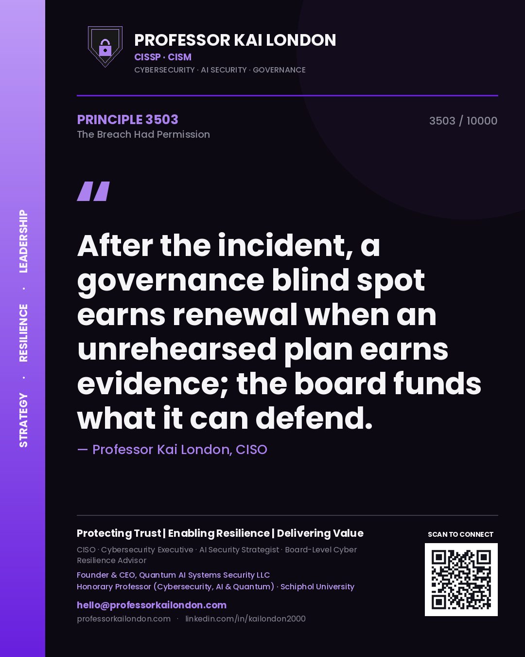 Professor Kai London principle 3503: After the incident, a governance blind spot earns renewal when an unrehearsed plan earns evidence; the board funds what it can defend.