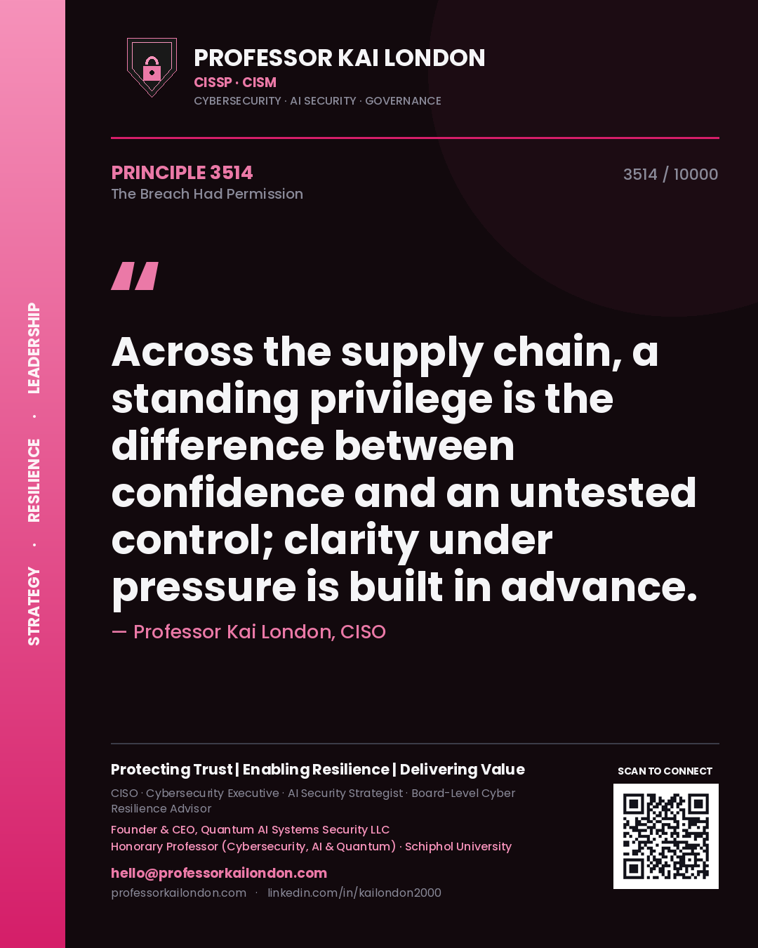 Professor Kai London principle 3514: Across the supply chain, a standing privilege is the difference between confidence and an untested control; clarity under pressure is built in advance.