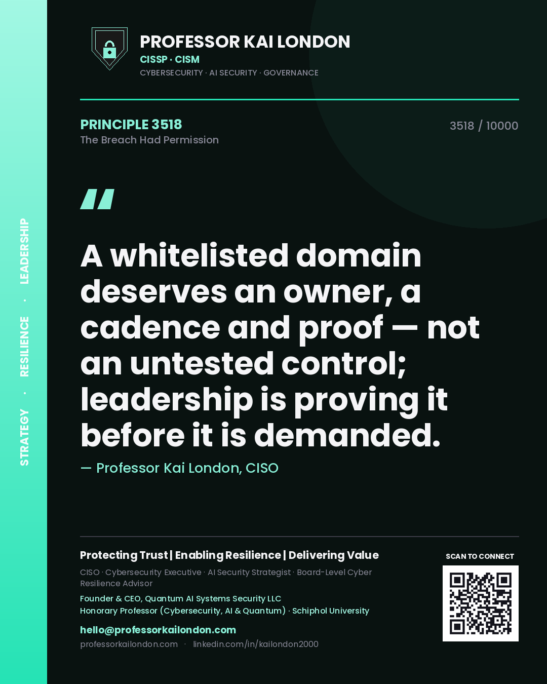 Professor Kai London principle 3518: A whitelisted domain deserves an owner, a cadence and proof — not an untested control; leadership is proving it before it is demanded.