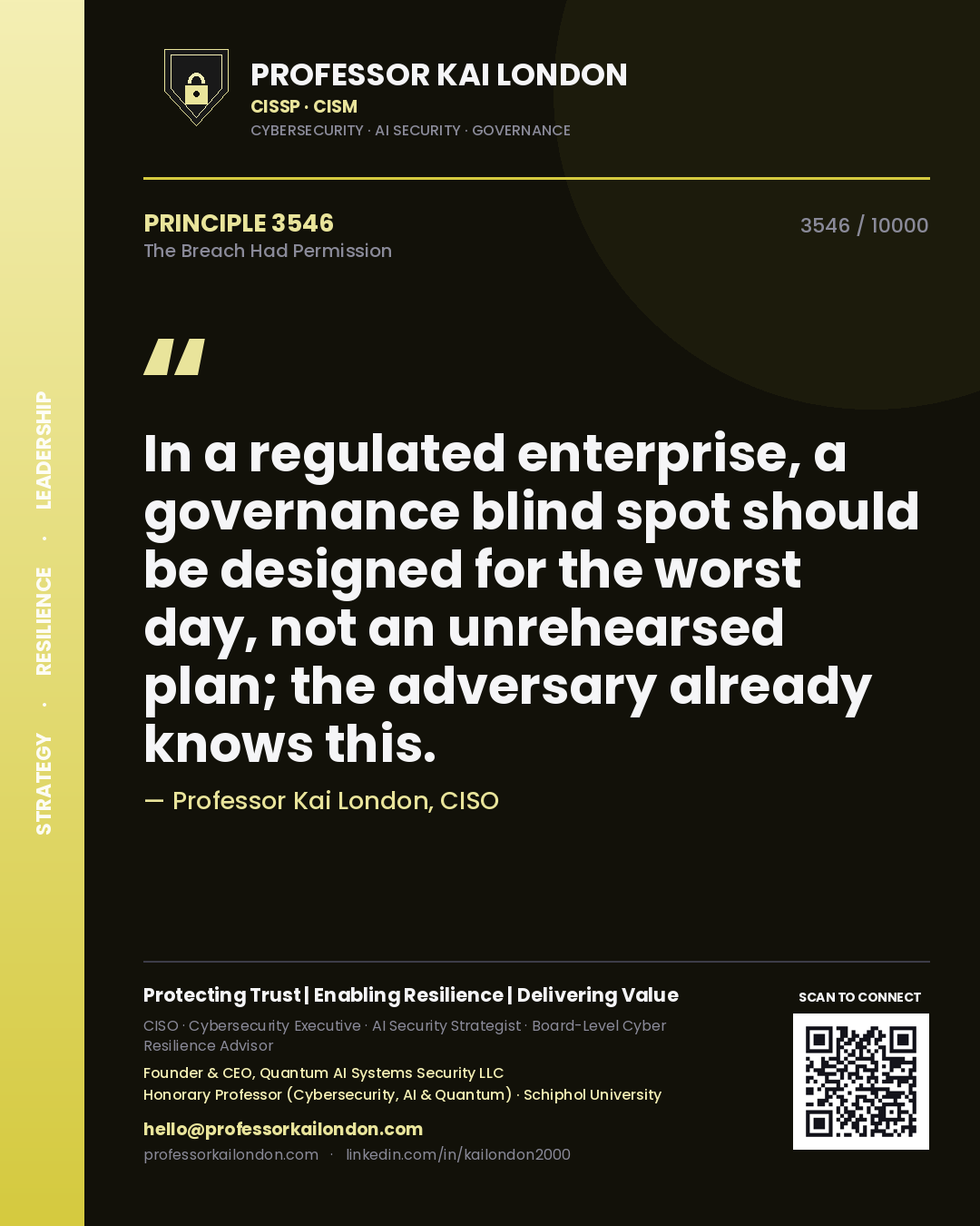Professor Kai London principle 3546: In a regulated enterprise, a governance blind spot should be designed for the worst day, not an unrehearsed plan; the adversary already knows this.