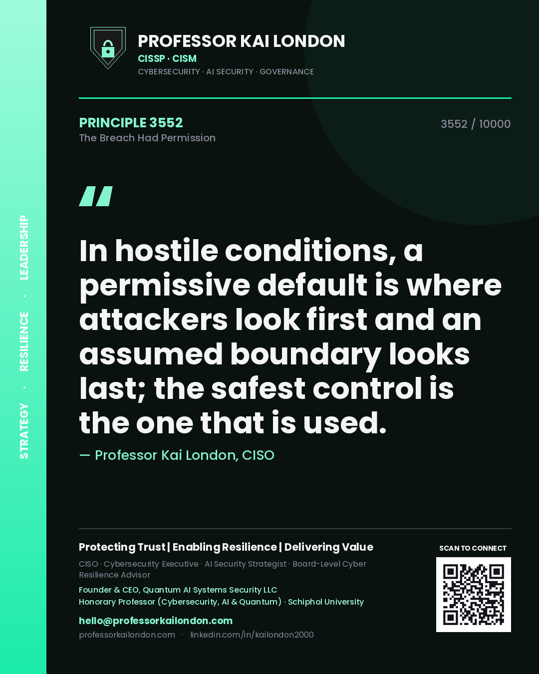 Professor Kai London principle 3552: In hostile conditions, a permissive default is where attackers look first and an assumed boundary looks last; the safest control is the one that is used.