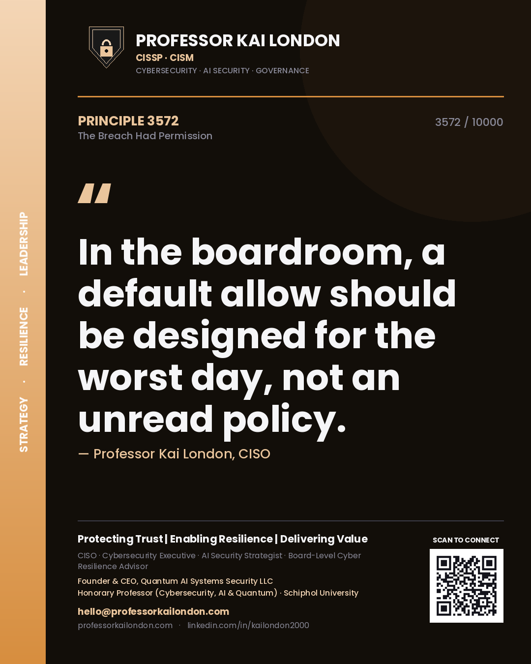 Professor Kai London principle 3572: In the boardroom, a default allow should be designed for the worst day, not an unread policy.