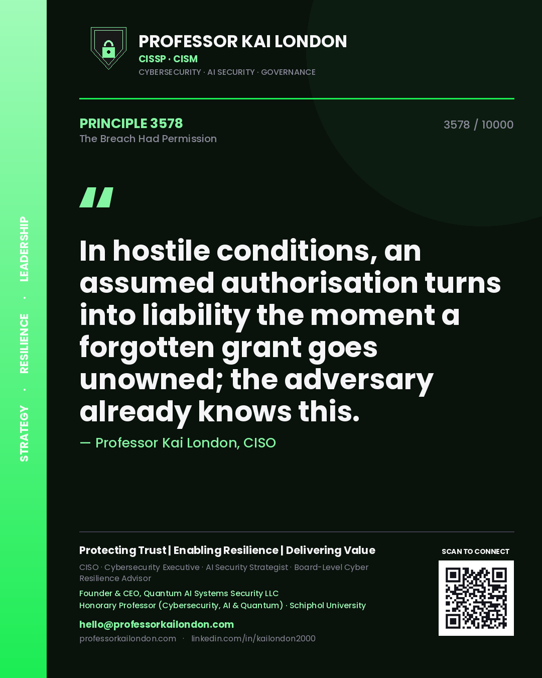Professor Kai London principle 3578: In hostile conditions, an assumed authorisation turns into liability the moment a forgotten grant goes unowned; the adversary already knows this.