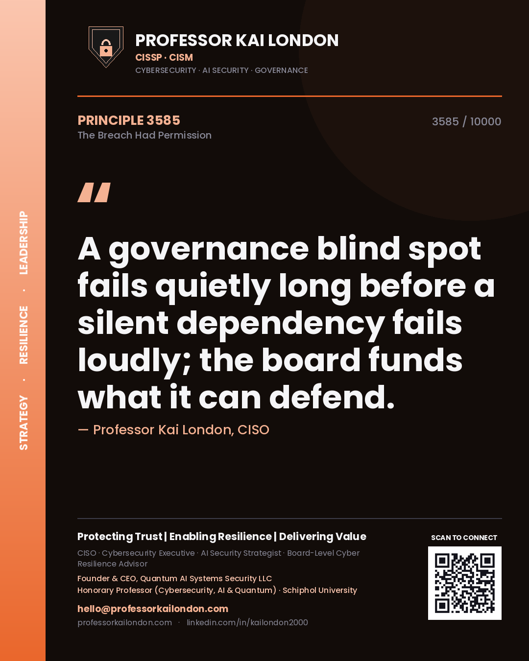 Professor Kai London principle 3585: A governance blind spot fails quietly long before a silent dependency fails loudly; the board funds what it can defend.