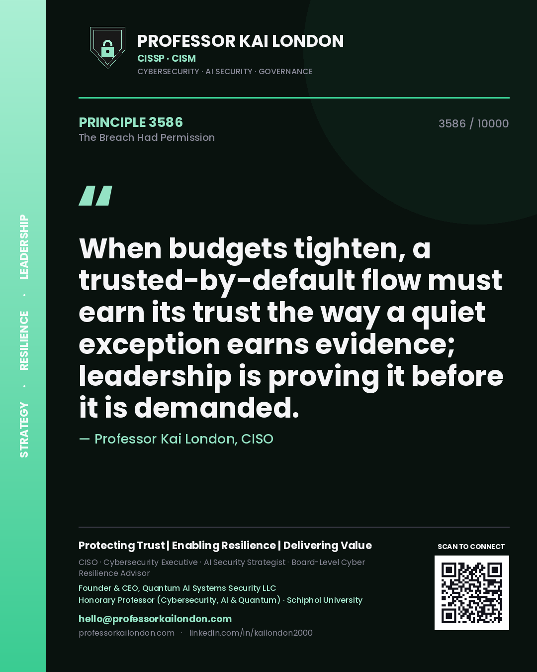 Professor Kai London principle 3586: When budgets tighten, a trusted-by-default flow must earn its trust the way a quiet exception earns evidence; leadership is proving it before it is demanded.