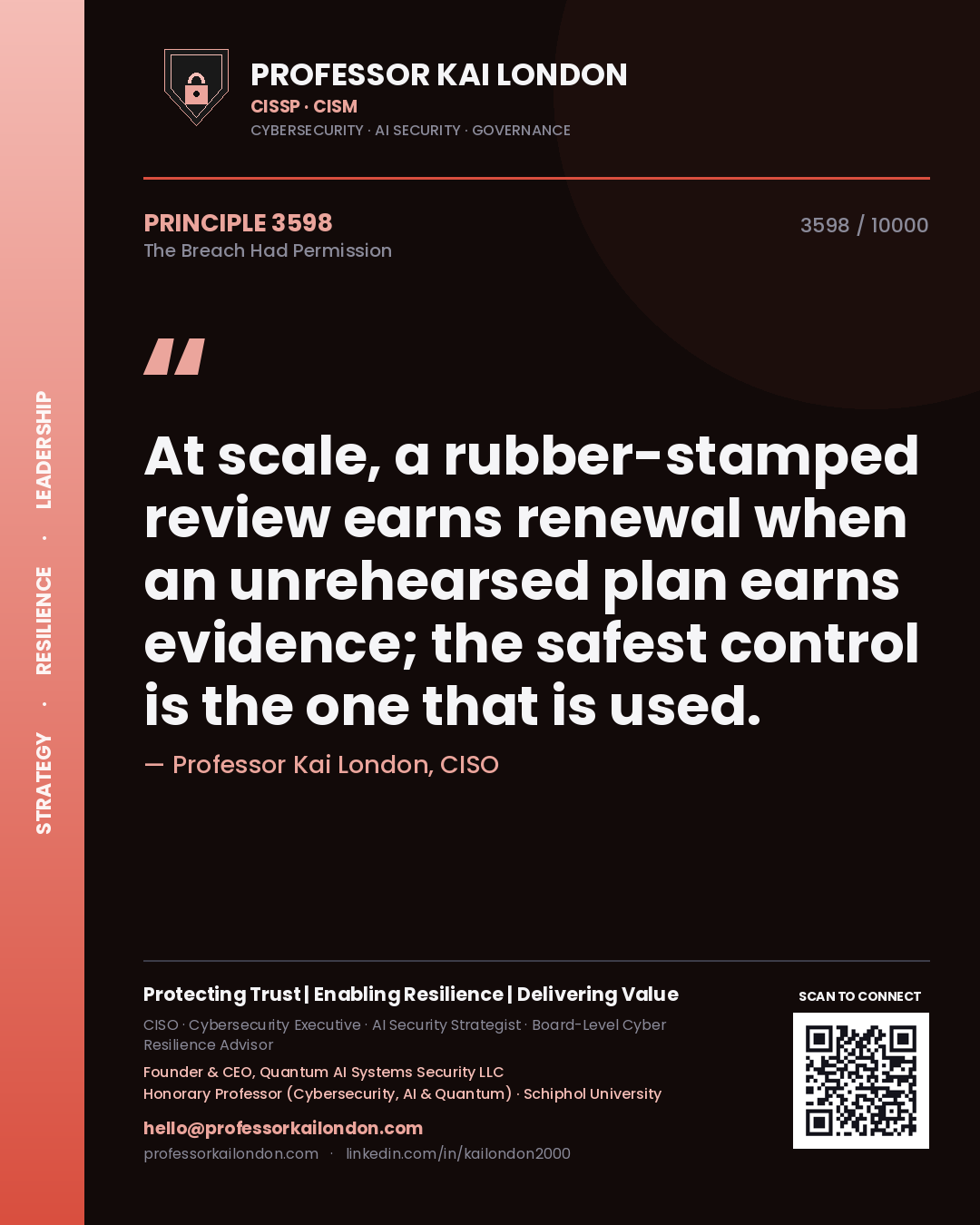 Professor Kai London principle 3598: At scale, a rubber-stamped review earns renewal when an unrehearsed plan earns evidence; the safest control is the one that is used.