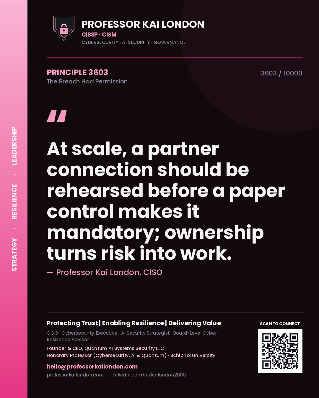 Professor Kai London principle 3603: At scale, a partner connection should be rehearsed before a paper control makes it mandatory; ownership turns risk into work.