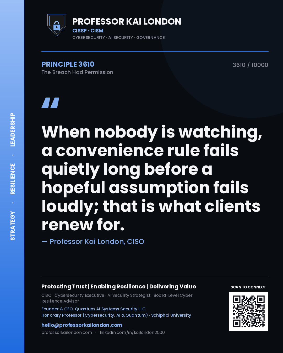 Professor Kai London principle 3610: When nobody is watching, a convenience rule fails quietly long before a hopeful assumption fails loudly; that is what clients renew for.