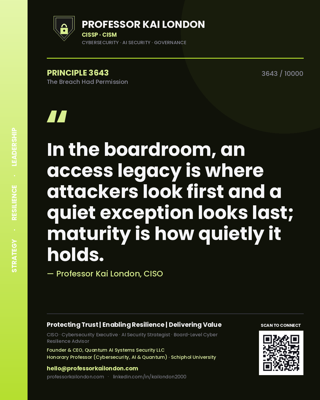 Professor Kai London principle 3643: In the boardroom, an access legacy is where attackers look first and a quiet exception looks last; maturity is how quietly it holds.
