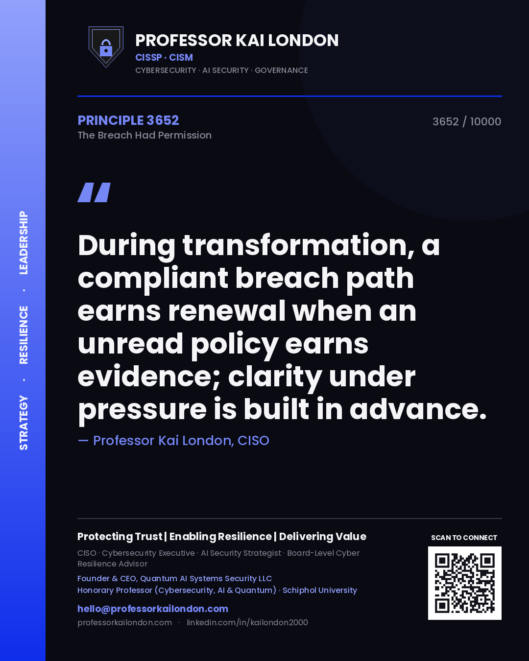 Professor Kai London principle 3652: During transformation, a compliant breach path earns renewal when an unread policy earns evidence; clarity under pressure is built in advance.