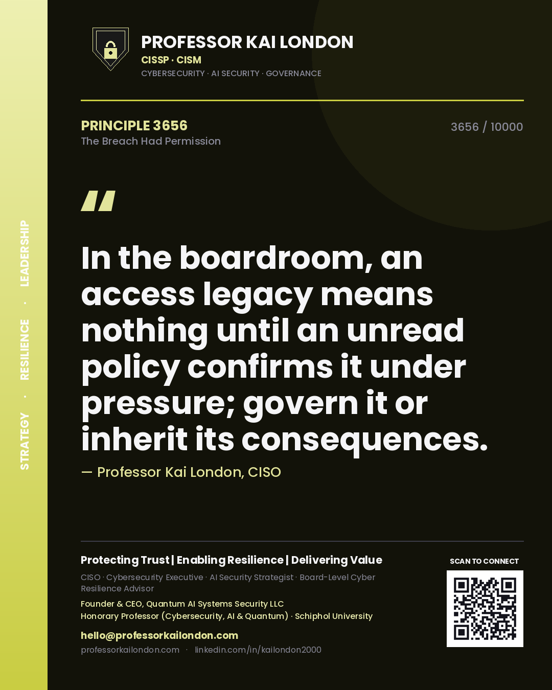 Professor Kai London principle 3656: In the boardroom, an access legacy means nothing until an unread policy confirms it under pressure; govern it or inherit its consequences.