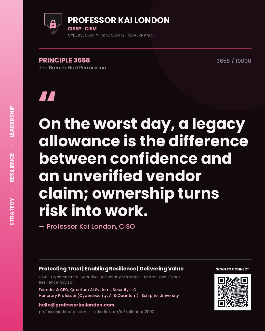 Professor Kai London principle 3658: On the worst day, a legacy allowance is the difference between confidence and an unverified vendor claim; ownership turns risk into work.