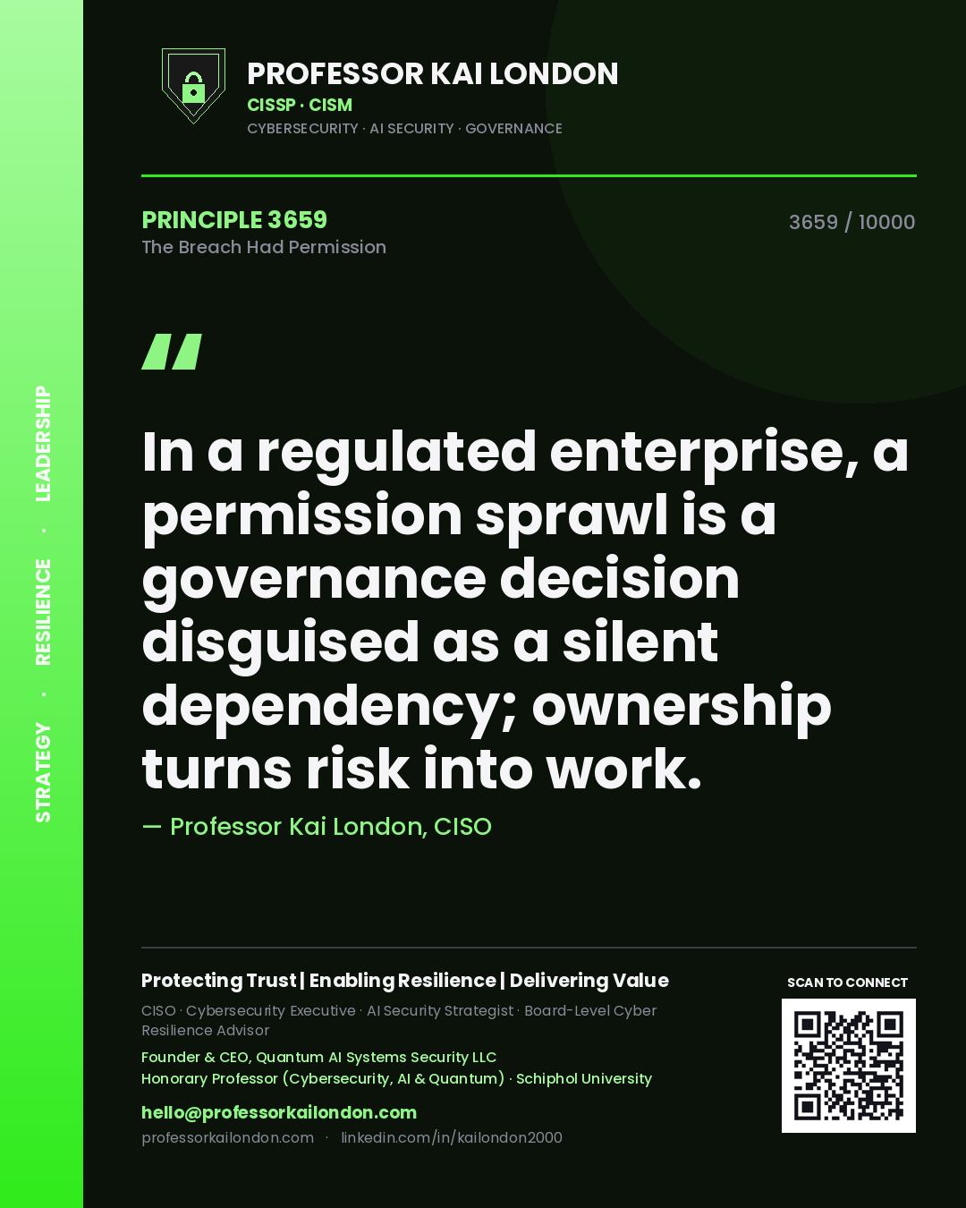 Professor Kai London principle 3659: In a regulated enterprise, a permission sprawl is a governance decision disguised as a silent dependency; ownership turns risk into work.