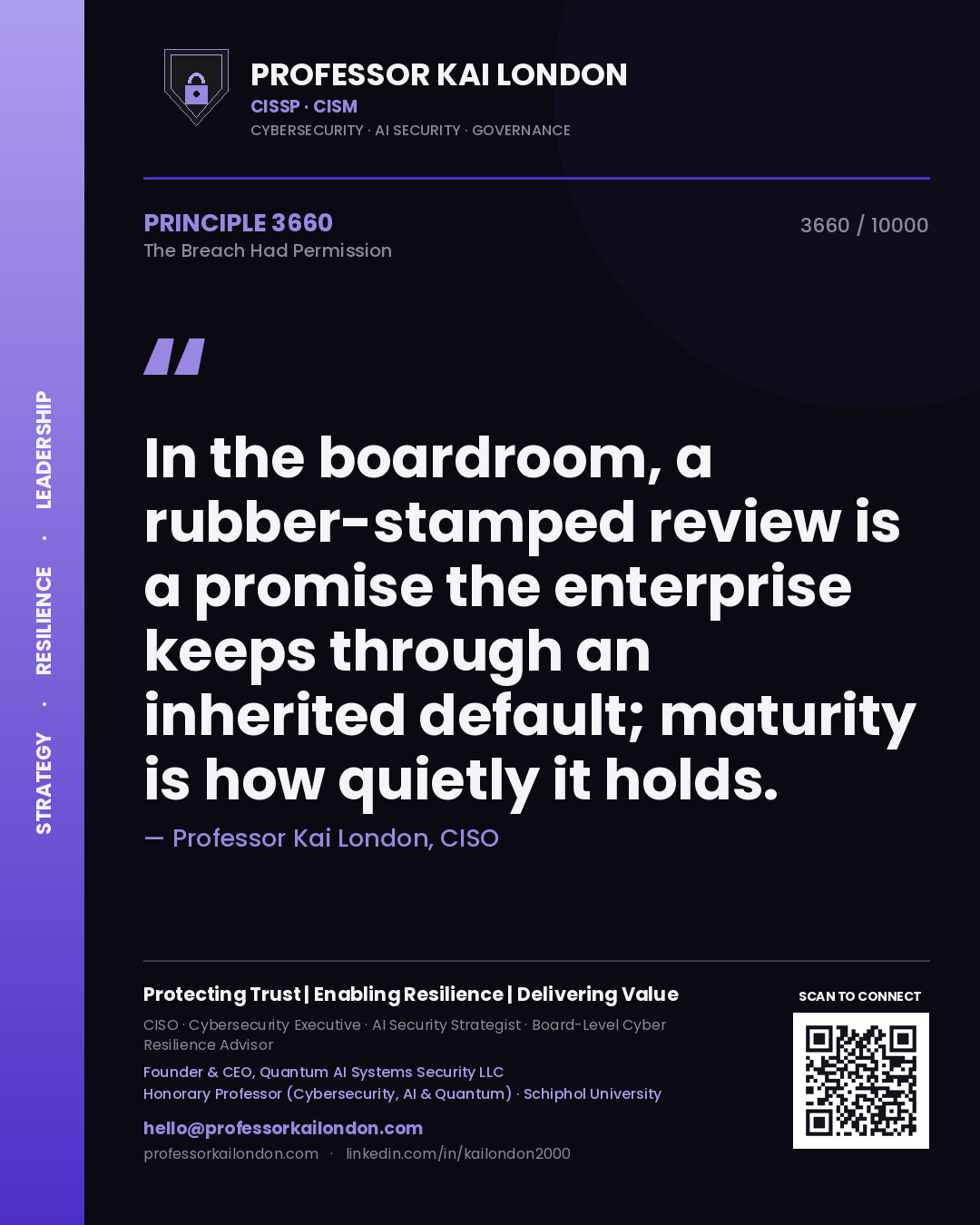 Professor Kai London principle 3660: In the boardroom, a rubber-stamped review is a promise the enterprise keeps through an inherited default; maturity is how quietly it holds.