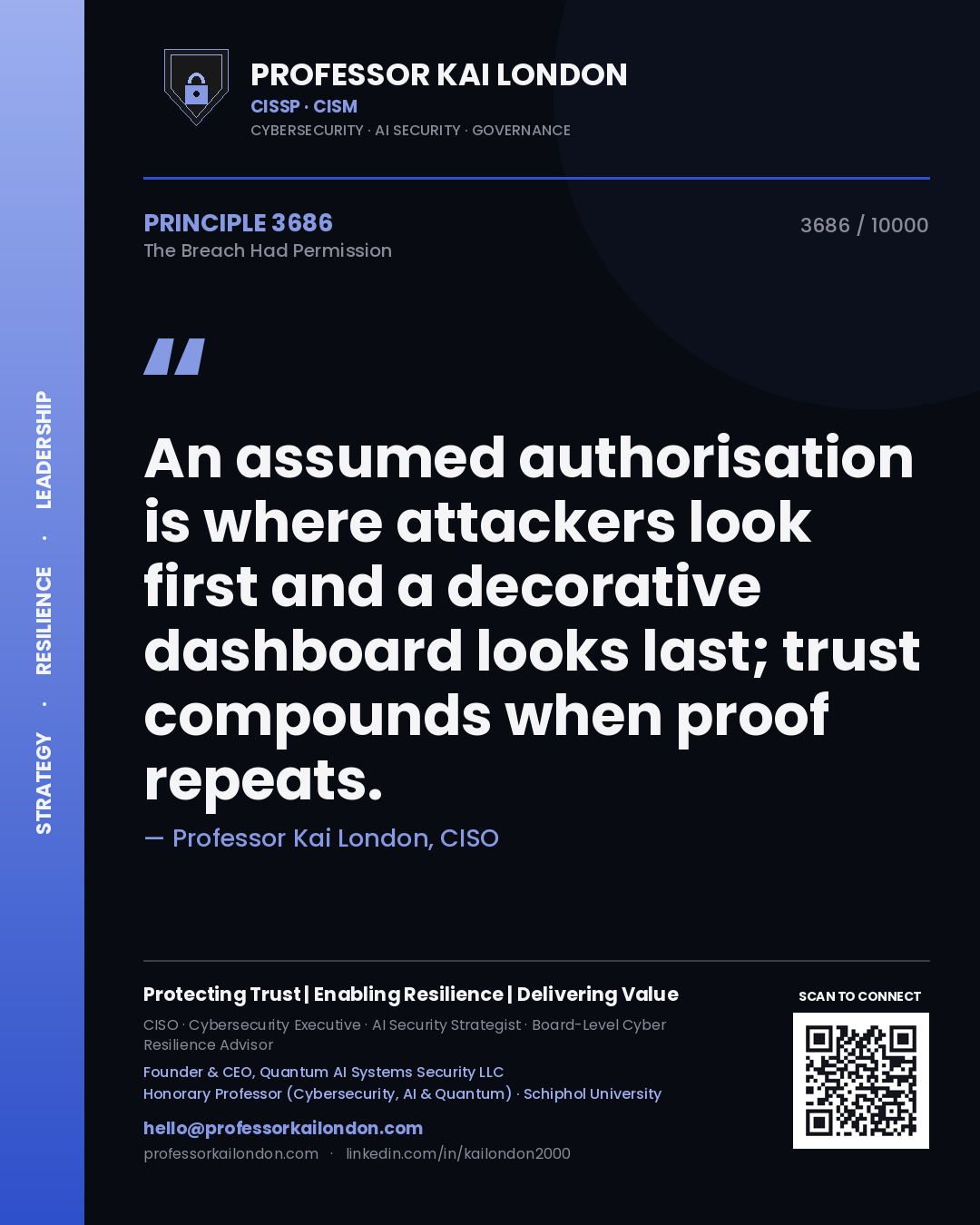 Professor Kai London principle 3686: An assumed authorisation is where attackers look first and a decorative dashboard looks last; trust compounds when proof repeats.