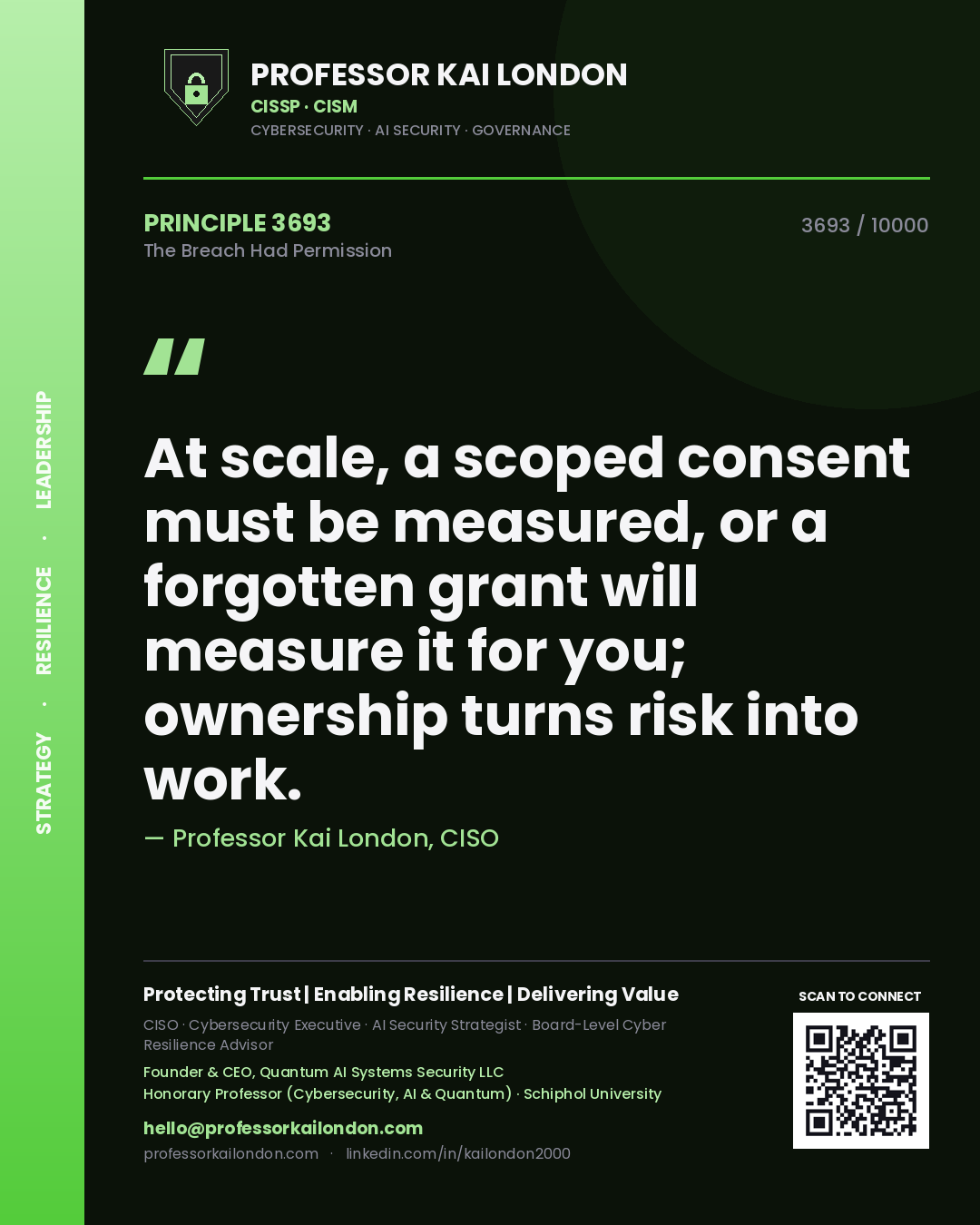 Professor Kai London principle 3693: At scale, a scoped consent must be measured, or a forgotten grant will measure it for you; ownership turns risk into work.