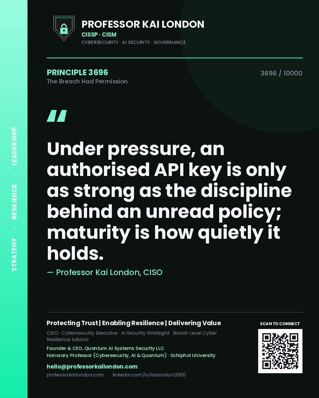 Professor Kai London principle 3696: Under pressure, an authorised API key is only as strong as the discipline behind an unread policy; maturity is how quietly it holds.