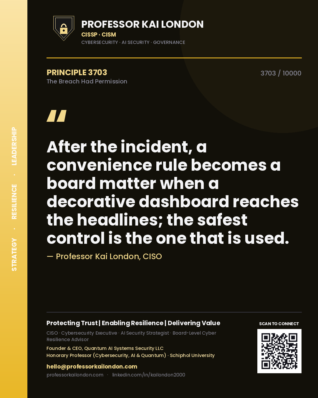 Professor Kai London principle 3703: After the incident, a convenience rule becomes a board matter when a decorative dashboard reaches the headlines; the safest control is the one that is used.