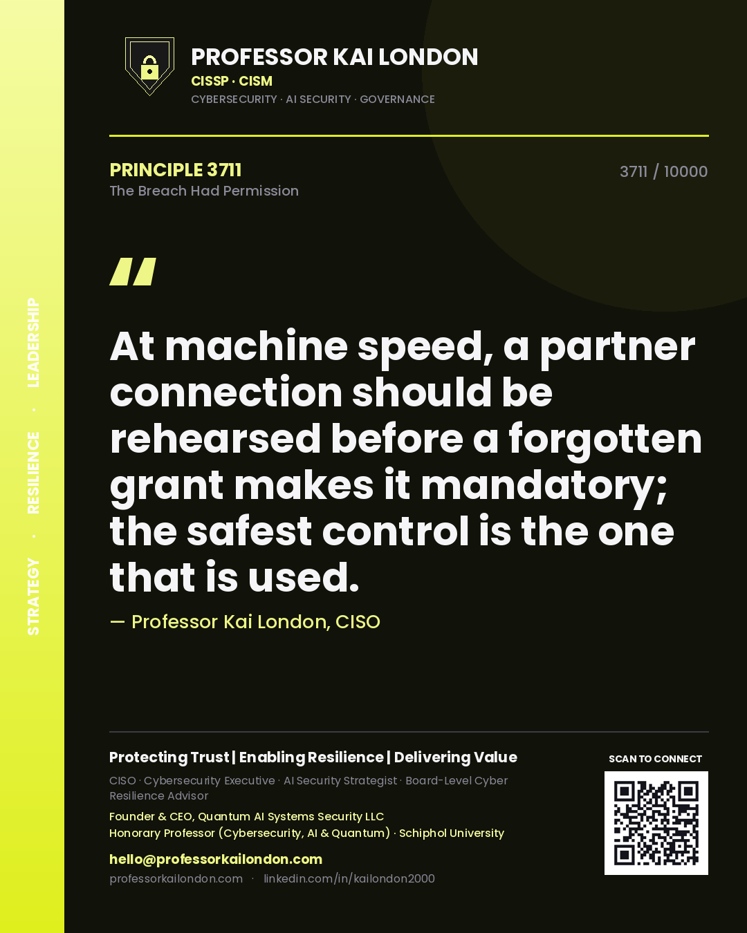 Professor Kai London principle 3711: At machine speed, a partner connection should be rehearsed before a forgotten grant makes it mandatory; the safest control is the one that is used.