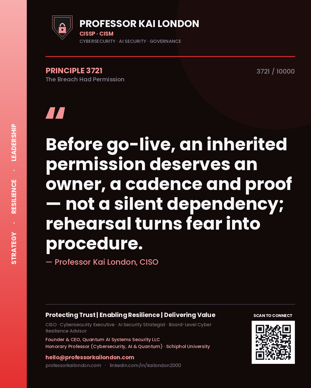 Professor Kai London principle 3721: Before go-live, an inherited permission deserves an owner, a cadence and proof — not a silent dependency; rehearsal turns fear into procedure.