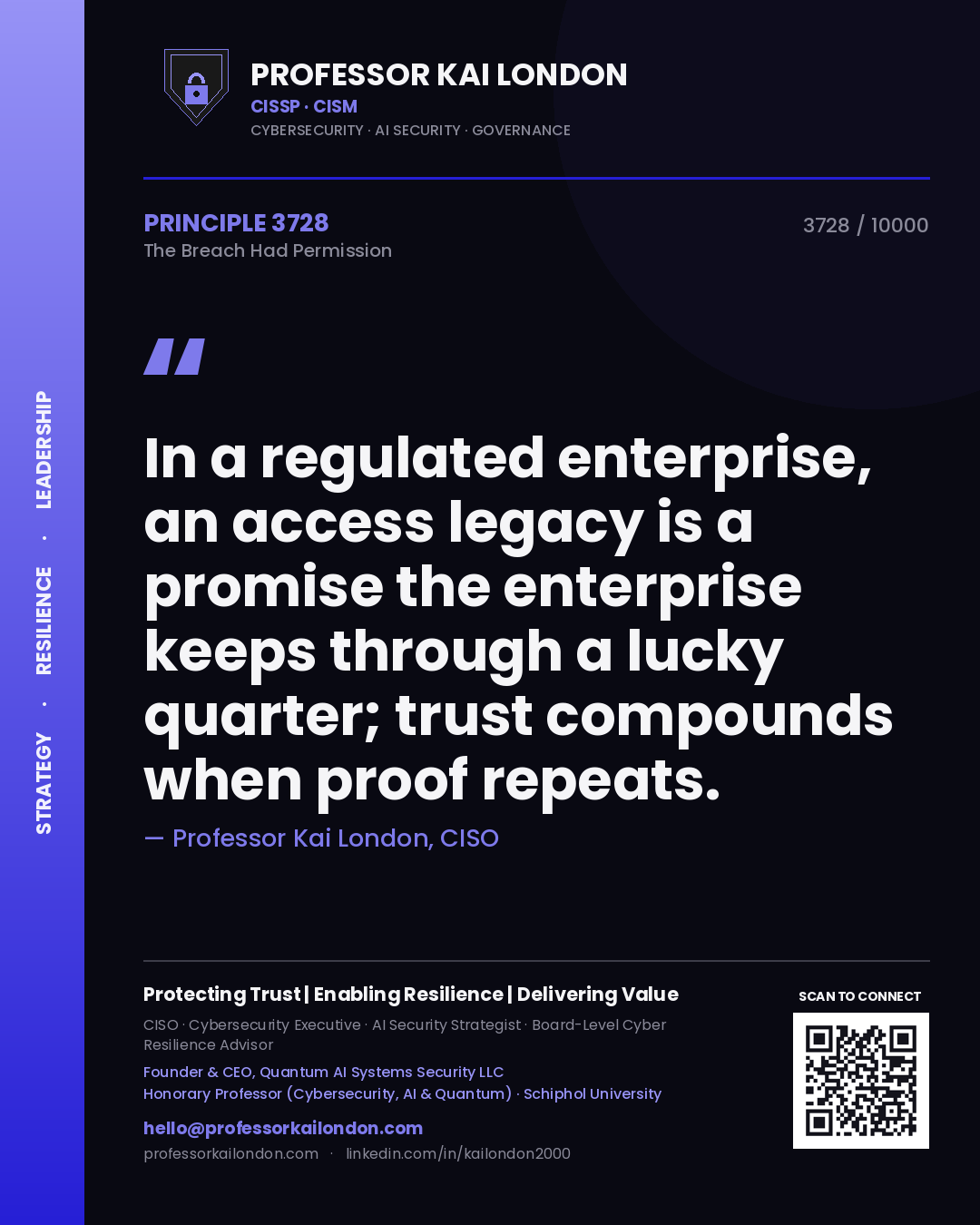Professor Kai London principle 3728: In a regulated enterprise, an access legacy is a promise the enterprise keeps through a lucky quarter; trust compounds when proof repeats.