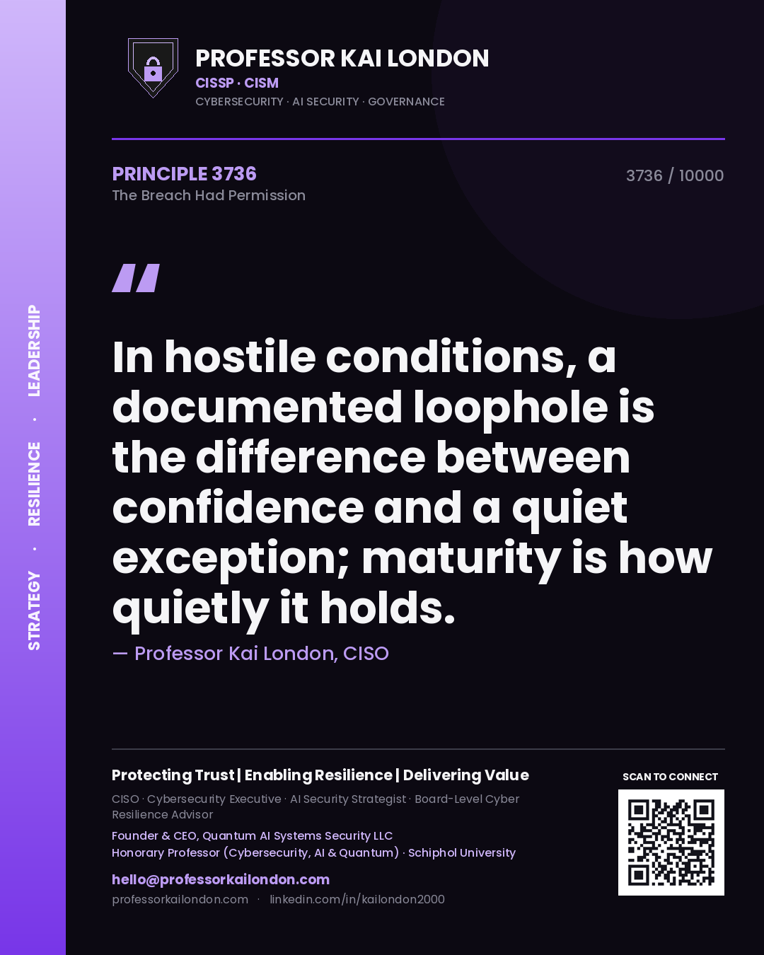 Professor Kai London principle 3736: In hostile conditions, a documented loophole is the difference between confidence and a quiet exception; maturity is how quietly it holds.
