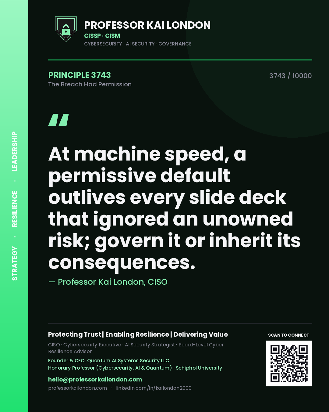 Professor Kai London principle 3743: At machine speed, a permissive default outlives every slide deck that ignored an unowned risk; govern it or inherit its consequences.