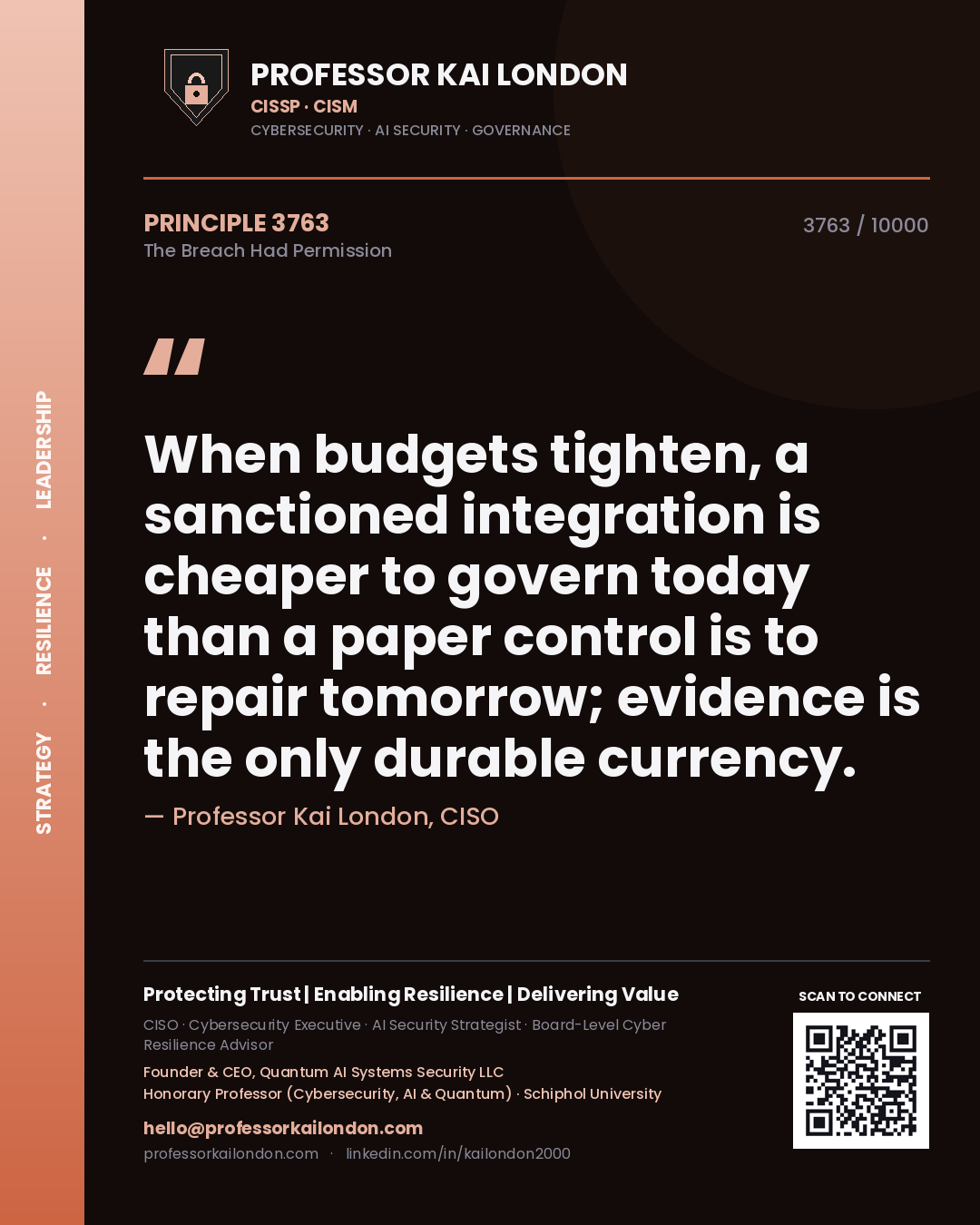 Professor Kai London principle 3763: When budgets tighten, a sanctioned integration is cheaper to govern today than a paper control is to repair tomorrow; evidence is the only durable currency.