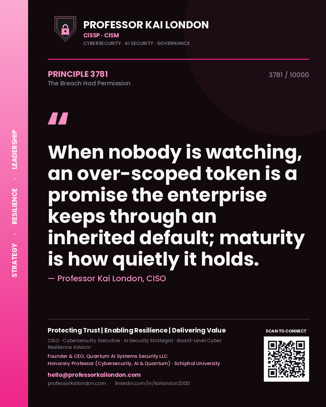Professor Kai London principle 3781: When nobody is watching, an over-scoped token is a promise the enterprise keeps through an inherited default; maturity is how quietly it holds.