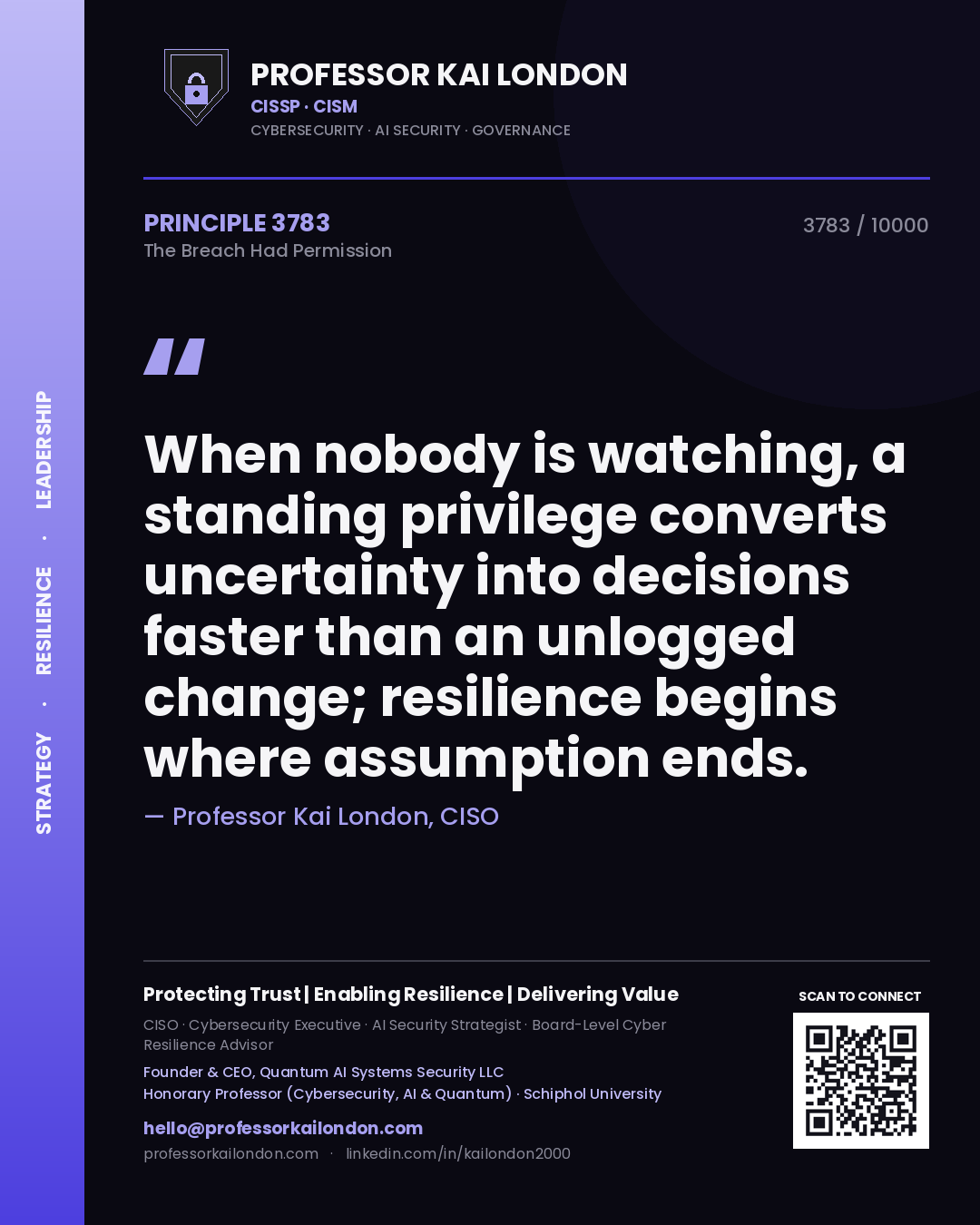 Professor Kai London principle 3783: When nobody is watching, a standing privilege converts uncertainty into decisions faster than an unlogged change; resilience begins where assumption ends.