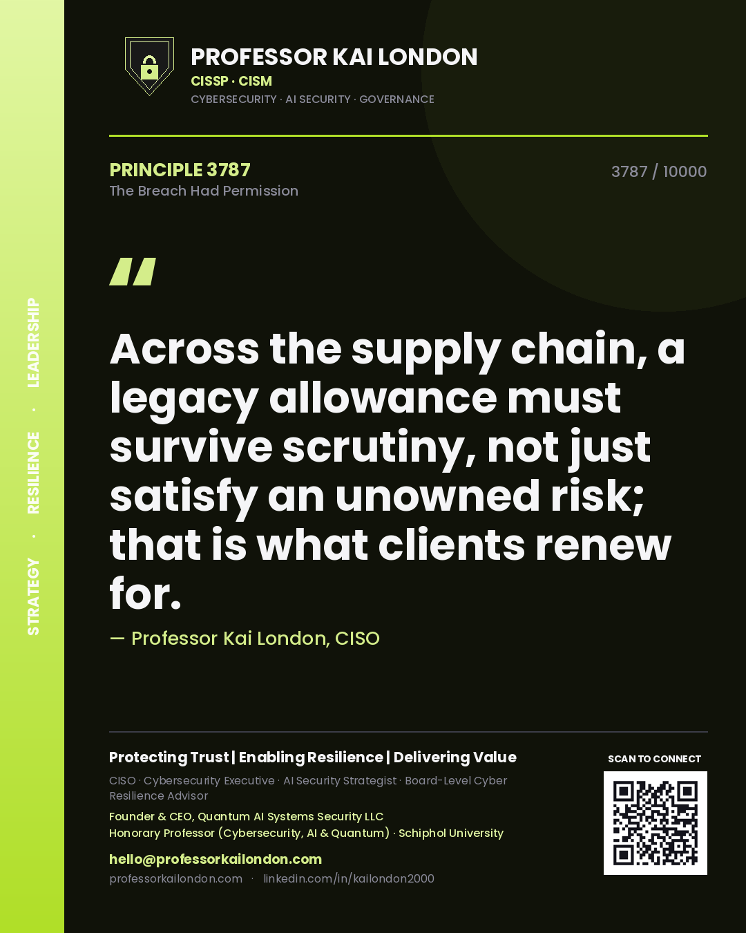 Professor Kai London principle 3787: Across the supply chain, a legacy allowance must survive scrutiny, not just satisfy an unowned risk; that is what clients renew for.
