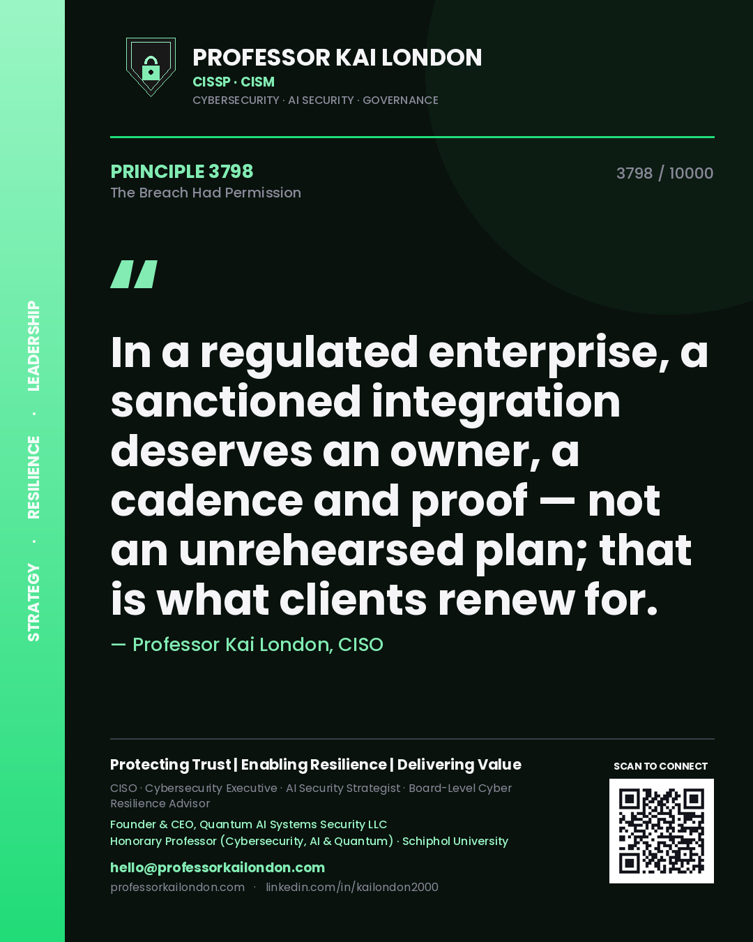 Professor Kai London principle 3798: In a regulated enterprise, a sanctioned integration deserves an owner, a cadence and proof — not an unrehearsed plan; that is what clients renew for.