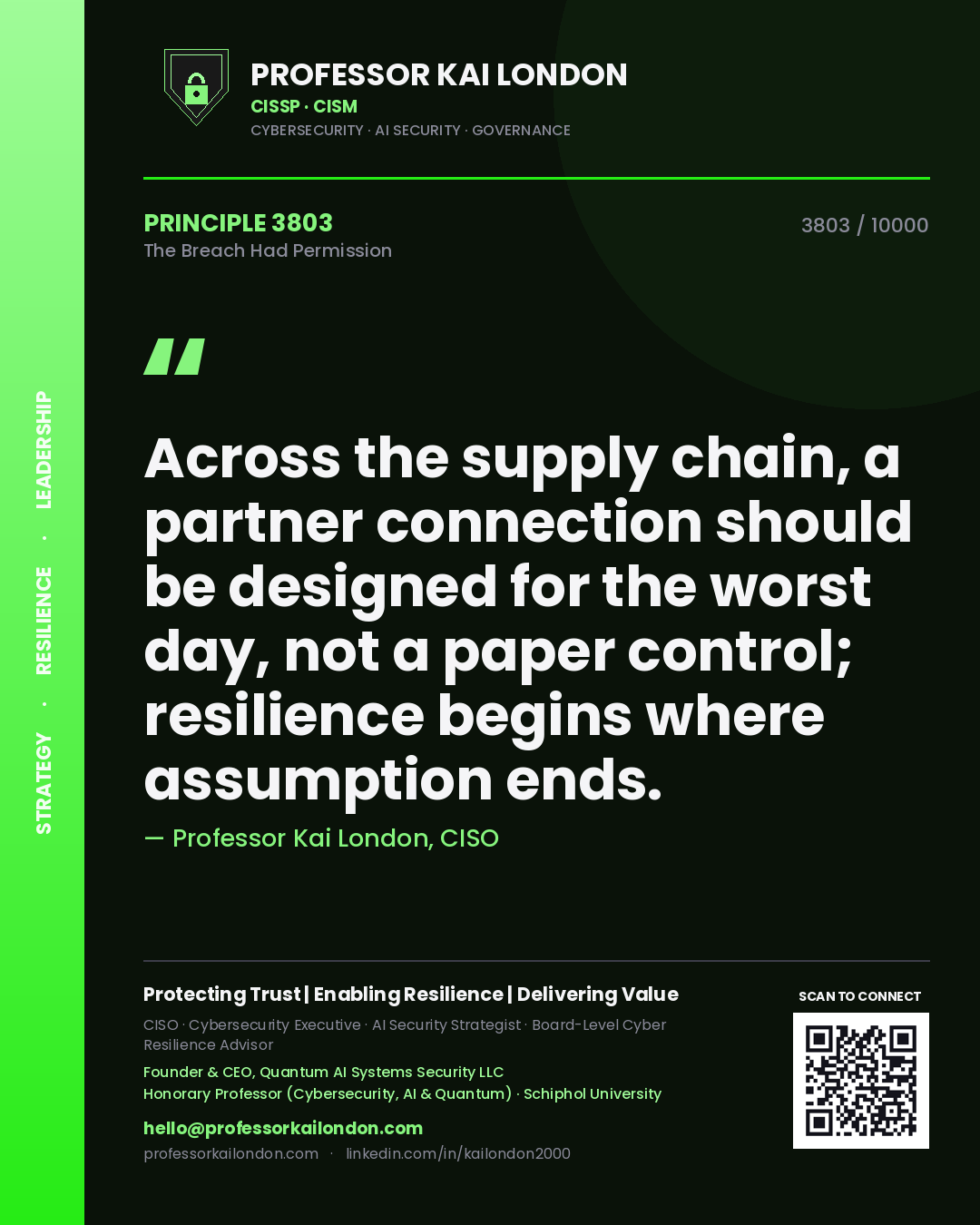 Professor Kai London principle 3803: Across the supply chain, a partner connection should be designed for the worst day, not a paper control; resilience begins where assumption ends.