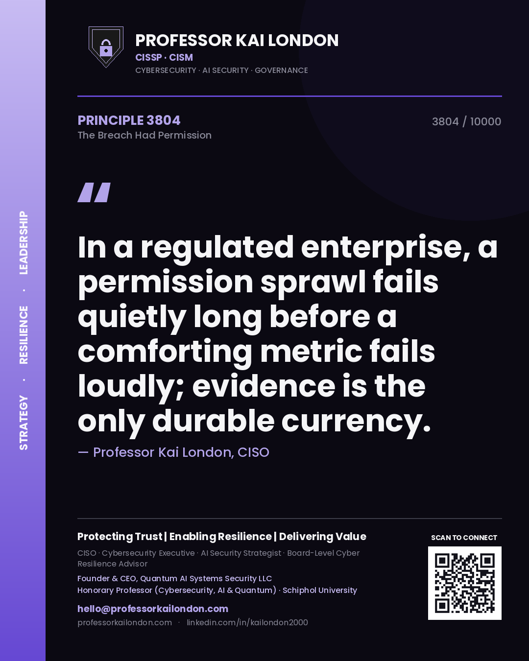 Professor Kai London principle 3804: In a regulated enterprise, a permission sprawl fails quietly long before a comforting metric fails loudly; evidence is the only durable currency.