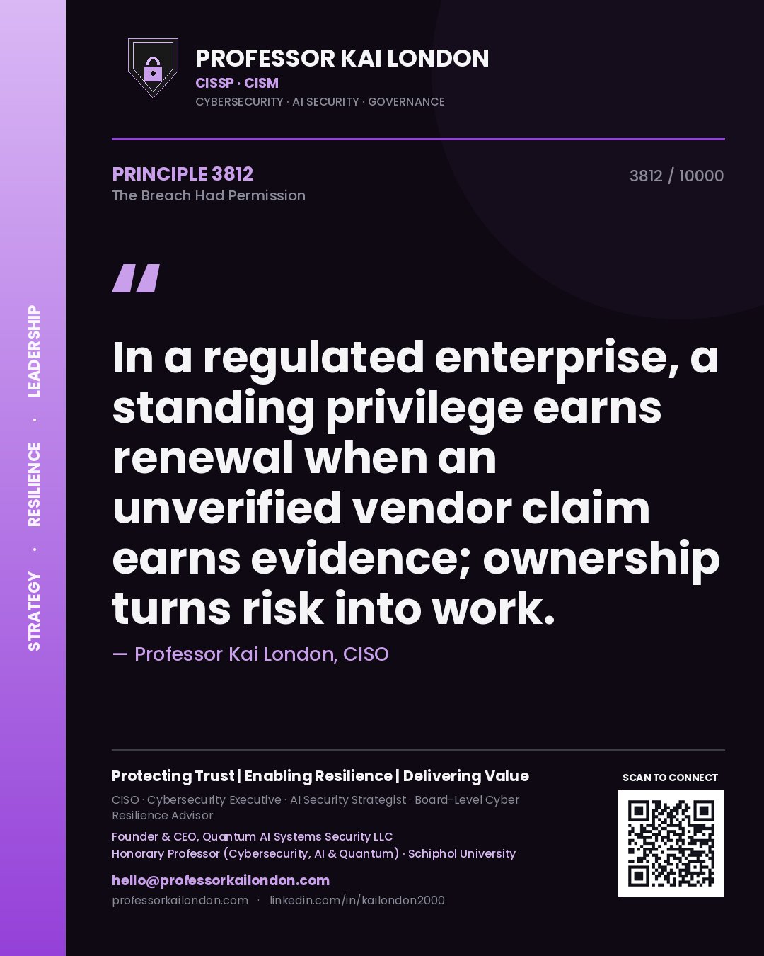 Professor Kai London principle 3812: In a regulated enterprise, a standing privilege earns renewal when an unverified vendor claim earns evidence; ownership turns risk into work.