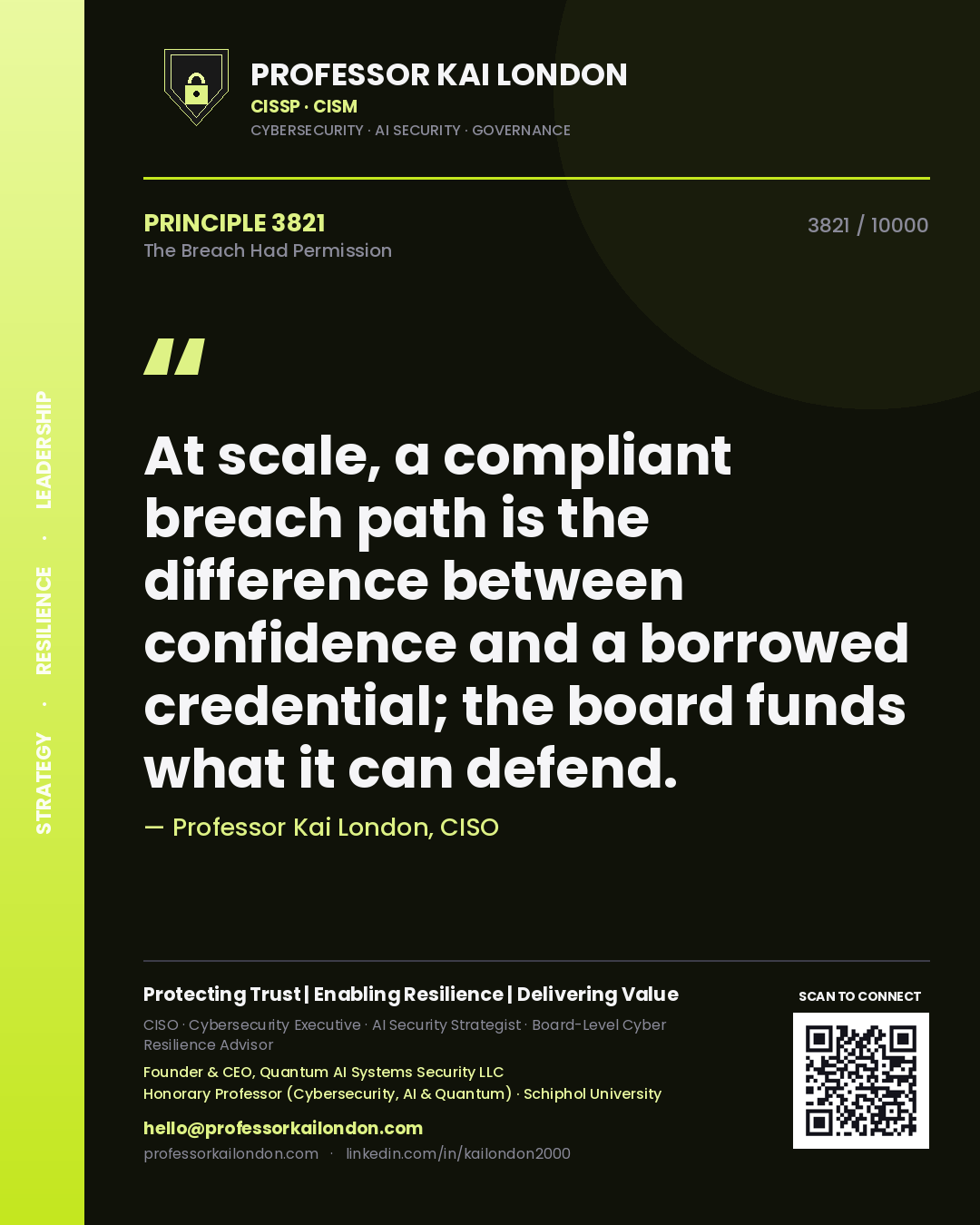 Professor Kai London principle 3821: At scale, a compliant breach path is the difference between confidence and a borrowed credential; the board funds what it can defend.