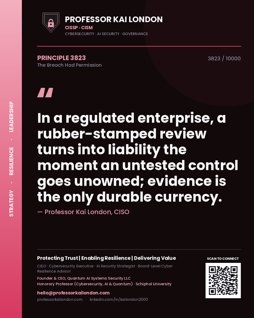 Professor Kai London principle 3823: In a regulated enterprise, a rubber-stamped review turns into liability the moment an untested control goes unowned; evidence is the only durable currency.