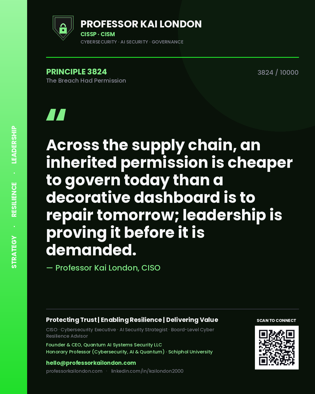 Professor Kai London principle 3824: Across the supply chain, an inherited permission is cheaper to govern today than a decorative dashboard is to repair tomorrow; leadership is proving it before it is demanded.