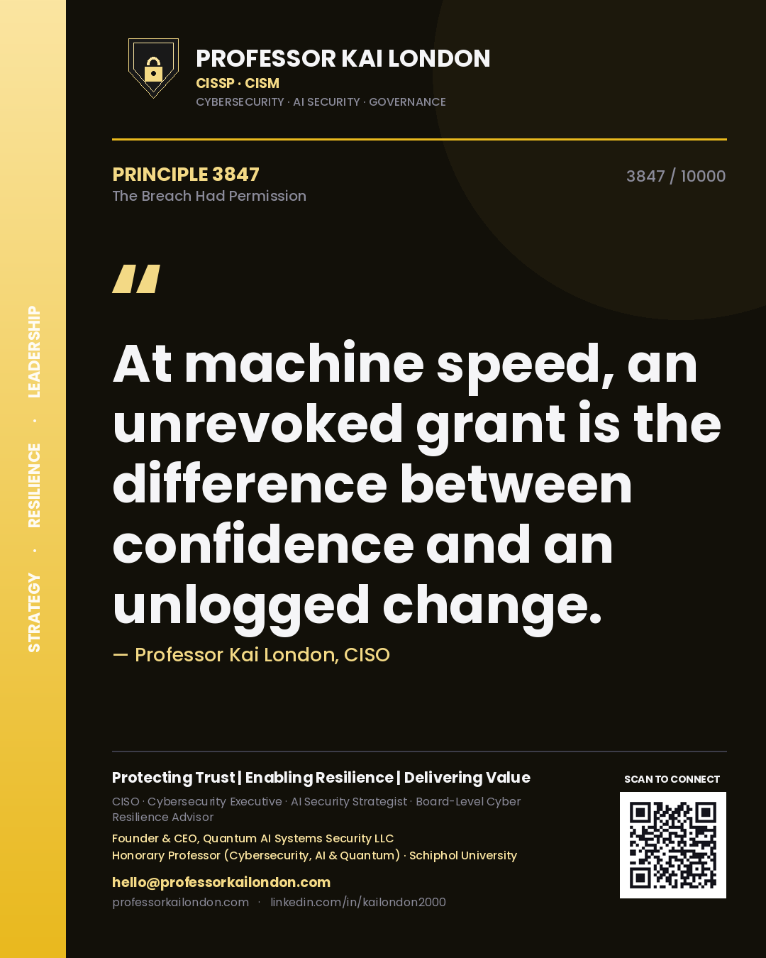 Professor Kai London principle 3847: At machine speed, an unrevoked grant is the difference between confidence and an unlogged change.