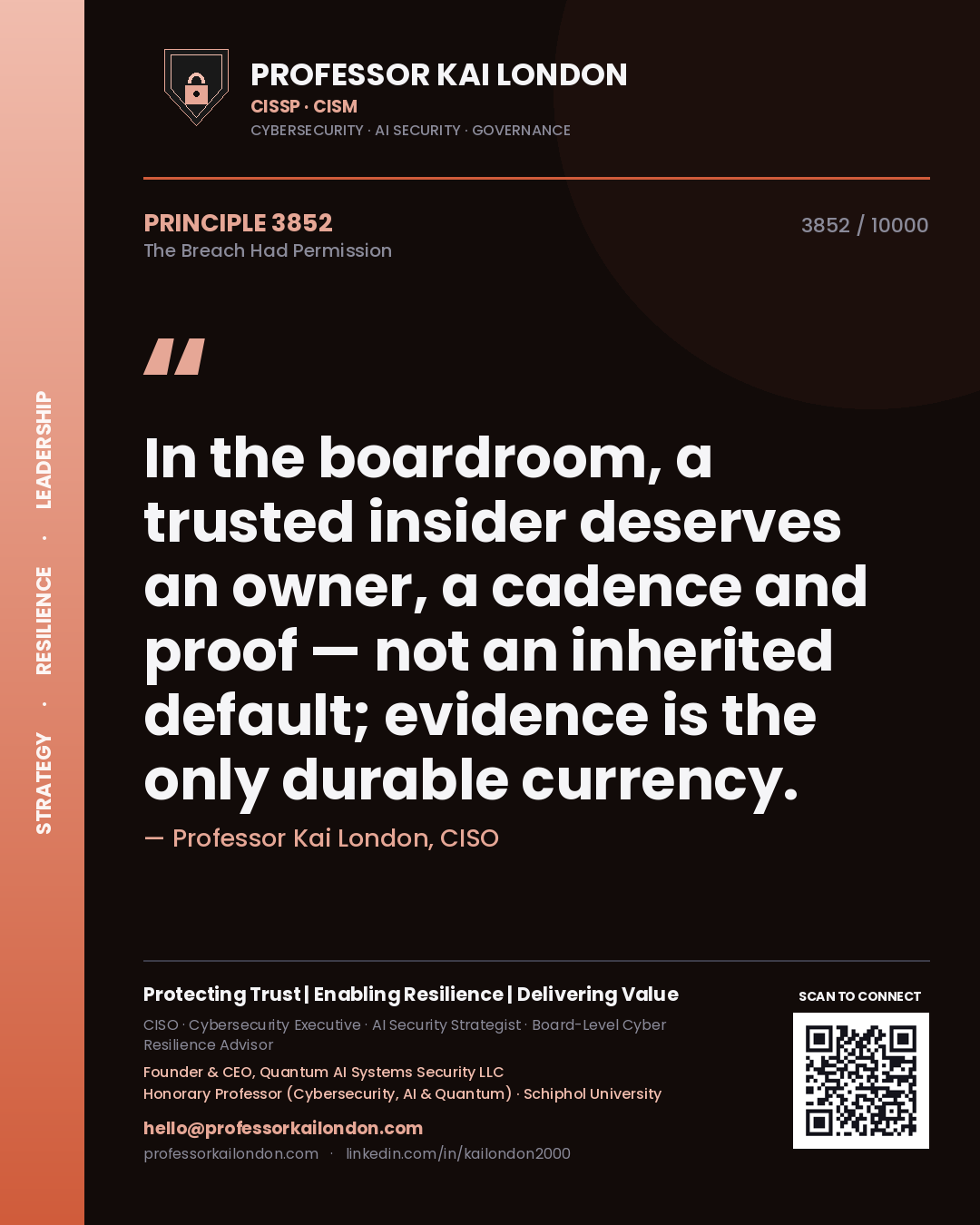 Professor Kai London principle 3852: In the boardroom, a trusted insider deserves an owner, a cadence and proof — not an inherited default; evidence is the only durable currency.