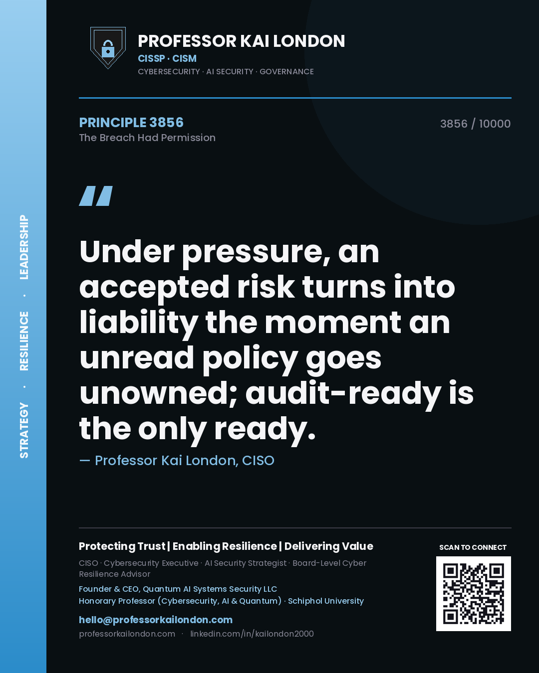 Professor Kai London principle 3856: Under pressure, an accepted risk turns into liability the moment an unread policy goes unowned; audit-ready is the only ready.