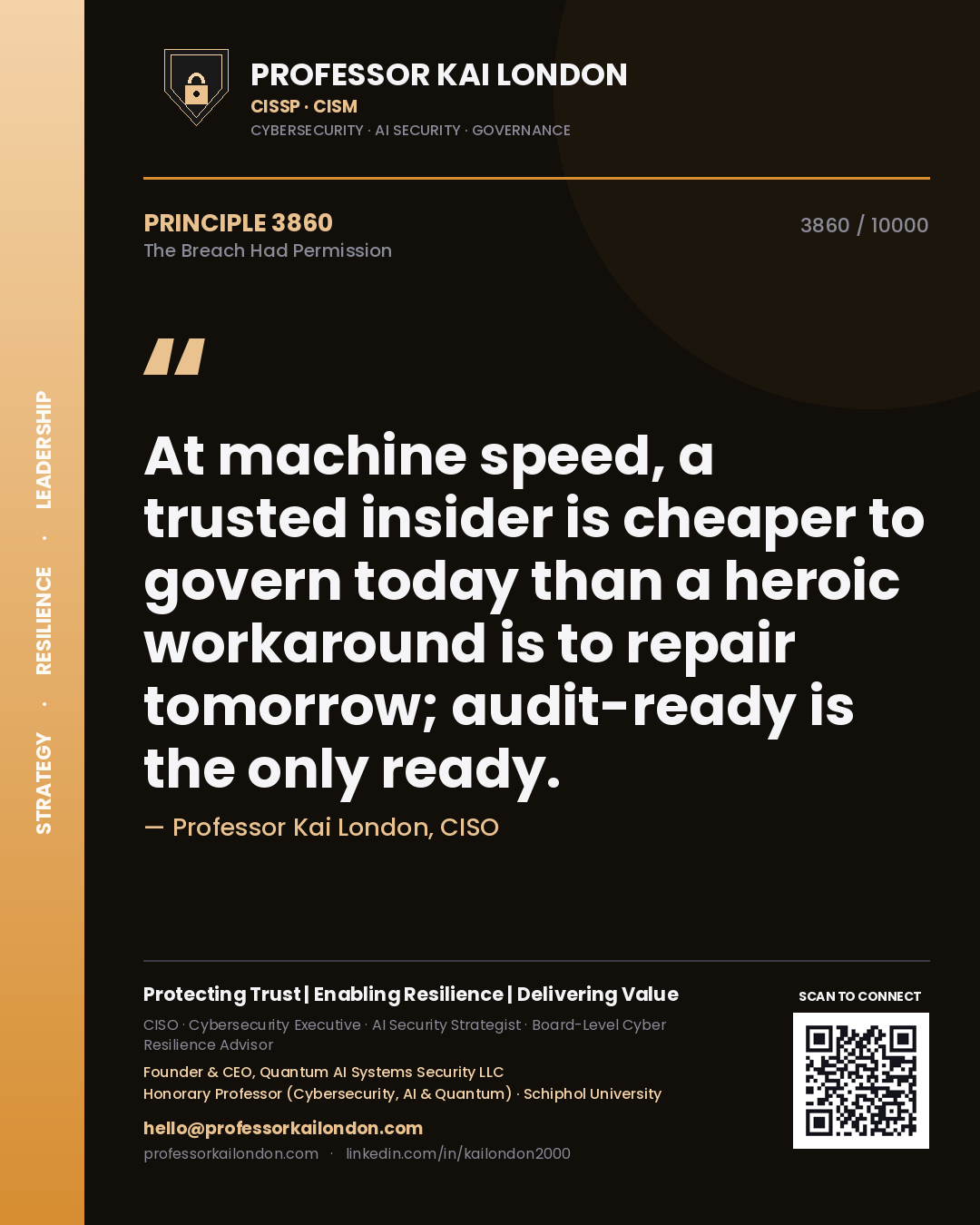 Professor Kai London principle 3860: At machine speed, a trusted insider is cheaper to govern today than a heroic workaround is to repair tomorrow; audit-ready is the only ready.