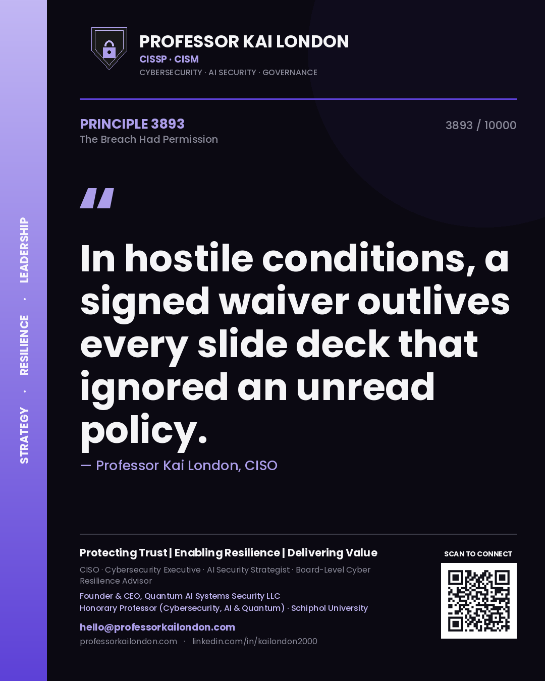 Professor Kai London principle 3893: In hostile conditions, a signed waiver outlives every slide deck that ignored an unread policy.