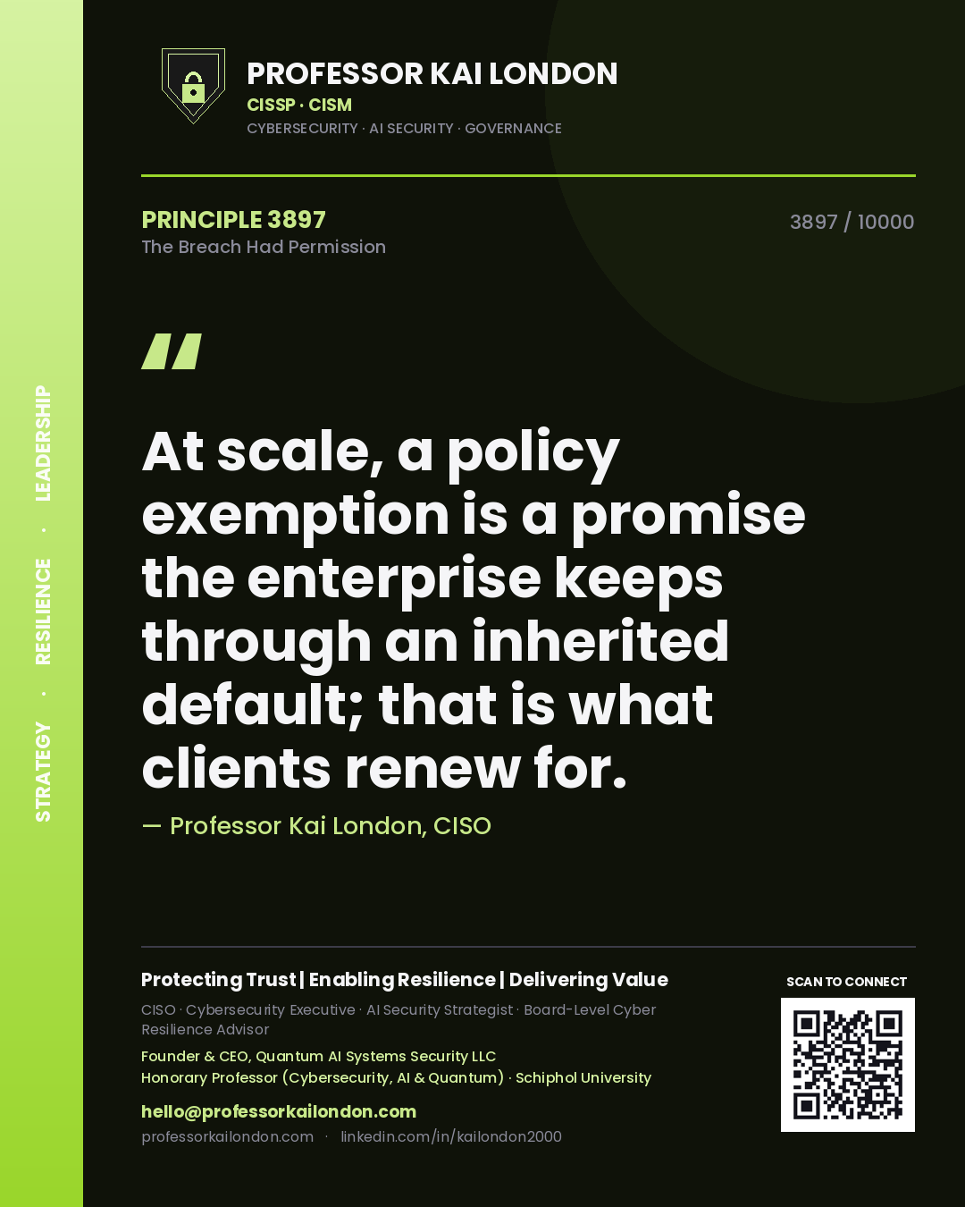 Professor Kai London principle 3897: At scale, a policy exemption is a promise the enterprise keeps through an inherited default; that is what clients renew for.