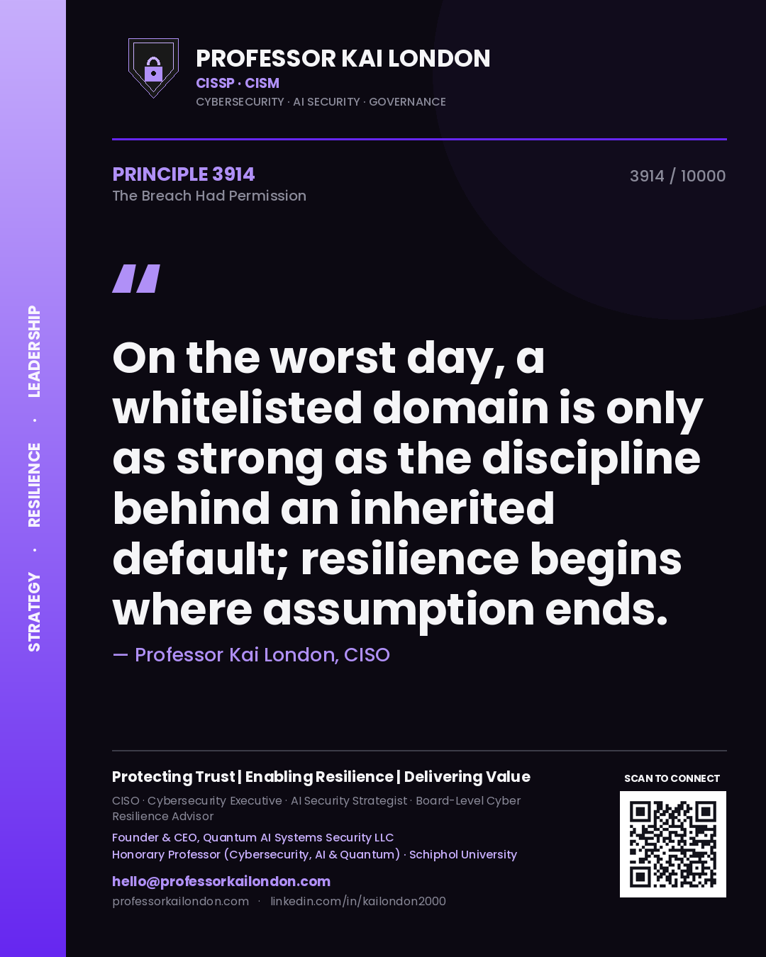 Professor Kai London principle 3914: On the worst day, a whitelisted domain is only as strong as the discipline behind an inherited default; resilience begins where assumption ends.