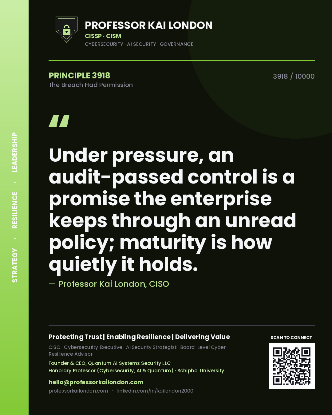 Professor Kai London principle 3918: Under pressure, an audit-passed control is a promise the enterprise keeps through an unread policy; maturity is how quietly it holds.