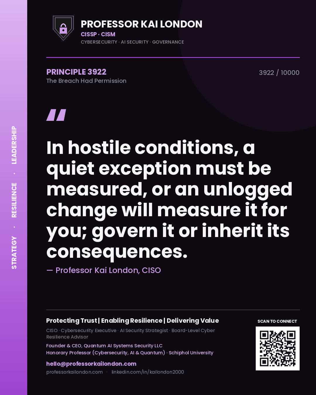 Professor Kai London principle 3922: In hostile conditions, a quiet exception must be measured, or an unlogged change will measure it for you; govern it or inherit its consequences.